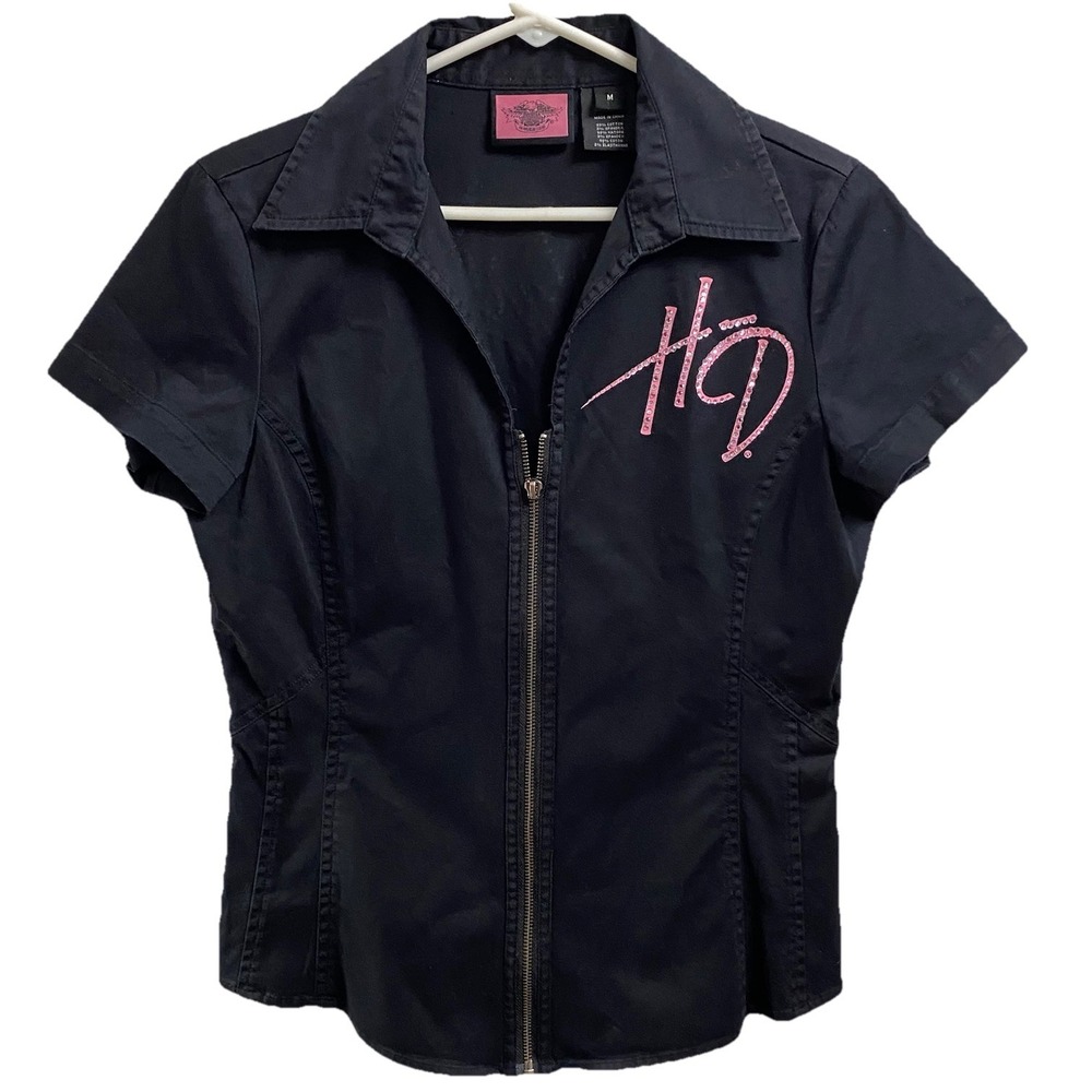Harley Davidson Womens Black W/Pink Garage Biker Motorcycle Zip-up Shirt Sz. M